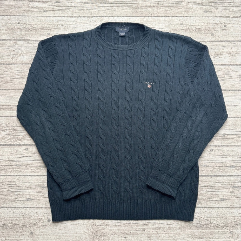 Gant Sweater Mens Large Navy Blue Cable Knit Long Sleeve Crewneck Pullover Retro